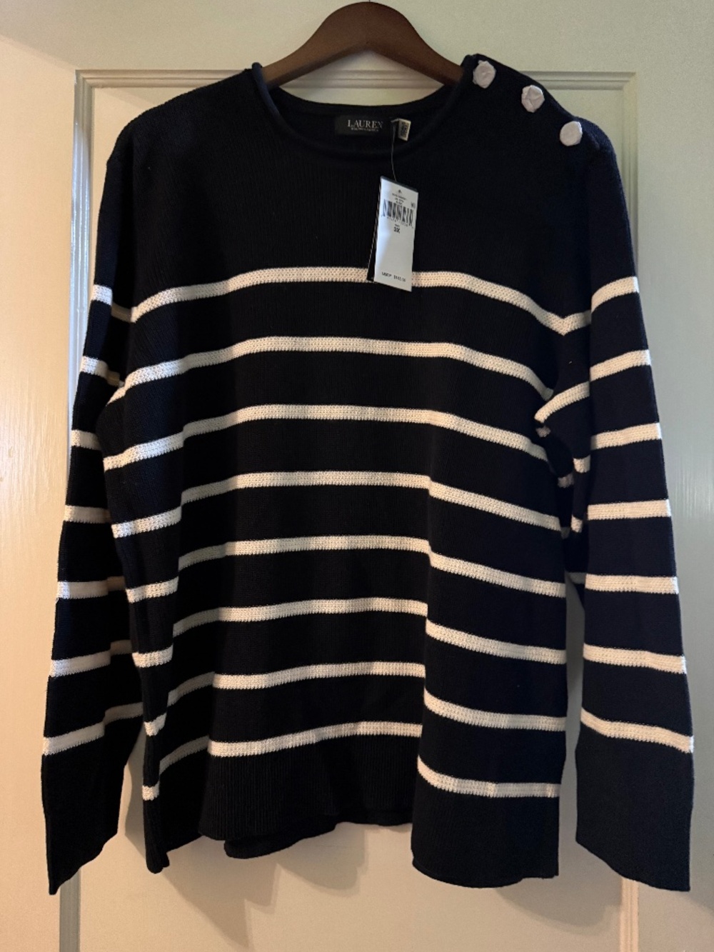 3X NWT Navy Blue/Cream Stripe Crew Neck Pullover 100% Cotton Long Sleeve Sweater